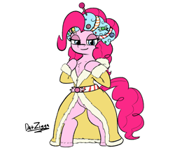 Size: 3409x3072 | Tagged: safe, artist:datzigga, pinkie pie, spirit of hearth's warming presents, earth pony, pony, semi-anthro, a hearth's warming tail, g4, bedroom eyes, bipedal, chest fluff, clothes, female, high res, mare, presenting, pubic mound, robe, solo, undressing