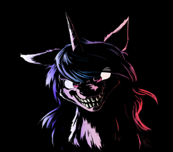 Size: 4000x3500 | Tagged: safe, artist:zoarvek, izzy moonbow, pony, unicorn, g5, my little pony: a new generation, black background, chest fluff, creepy, creepy face, creepy ponies, evil grin, eye clipping through hair, female, grin, gritted teeth, high res, looking at you, mare, metal as fuck, nightmare fuel, scary face, simple background, smiling, smiling at you, solo