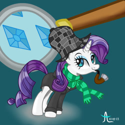 Size: 1000x1000 | Tagged: safe, artist:givemesomebrohoof, rarity, pony, unicorn, g4, clothes, cutie mark, deerstalker, detective, detective rarity, female, hat, magnifying glass, mare, pipe, scarf, sherlock, sherlock holmes