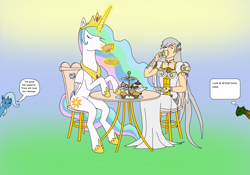 Size: 2388x1668 | Tagged: safe, artist:simonsartbookservice, princess celestia, trixie, alicorn, dragon, human, pony, unicorn, g4, crossover, cup, dragonfable, drinking, eyes closed, inconvenient trixie, lady celestia, levitation, magic, namesake, pun, tea party, teacup, telekinesis, that pony sure does love teacups, visual pun