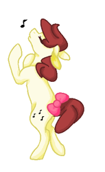 Size: 278x454 | Tagged: safe, artist:wisp72, oc, oc only, earth pony, pony, bipedal, bow, eyes closed, female, filly, music notes, next generation, offspring, parent:apple bloom, parent:pipsqueak, parents:pipbloom, singing, solo, tail, tail bow