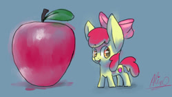 Size: 1920x1080 | Tagged: safe, artist:aliceg, apple bloom, earth pony, pony, g4, apple, big ears, female, filly, food, solo, tiny, tiny ponies