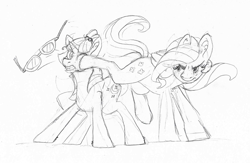 Size: 1802x1178 | Tagged: safe, artist:jaestring, fluttershy, moondancer, pegasus, pony, unicorn, g4, duo, duo female, female, fight, glasses, kicking, one eye closed, pencil, sketch