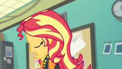 Size: 3410x1920 | Tagged: safe, screencap, sunset shimmer, equestria girls, equestria girls specials, g4, my little pony equestria girls: better together, my little pony equestria girls: forgotten friendship, clothes, cutie mark, cutie mark on clothes, eyes closed, female, geode of empathy, high res, jacket, jewelry, leather, leather jacket, magical geodes, necklace, open mouth, solo
