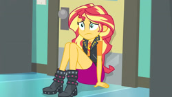 Size: 3410x1920 | Tagged: safe, screencap, sunset shimmer, equestria girls, equestria girls specials, g4, my little pony equestria girls: better together, my little pony equestria girls: forgotten friendship, boots, clothes, cutie mark, cutie mark on clothes, female, geode of empathy, high res, jacket, jewelry, leather, leather boots, leather jacket, magical geodes, necklace, shoes, solo