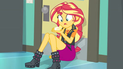 Size: 3410x1920 | Tagged: safe, screencap, sunset shimmer, equestria girls, equestria girls specials, g4, my little pony equestria girls: better together, my little pony equestria girls: forgotten friendship, boots, clothes, cutie mark, cutie mark on clothes, female, geode of empathy, high res, jacket, jewelry, leather, leather boots, leather jacket, magical geodes, necklace, open mouth, shoes, solo