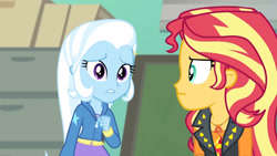 Size: 3410x1920 | Tagged: safe, screencap, sunset shimmer, trixie, equestria girls, equestria girls specials, g4, my little pony equestria girls: better together, my little pony equestria girls: forgotten friendship, clothes, cutie mark, cutie mark on clothes, female, geode of empathy, high res, hoodie, jacket, jewelry, leather, leather jacket, magical geodes, necklace