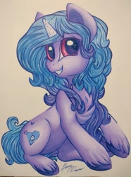 Size: 761x1024 | Tagged: safe, artist:gleamydreams, izzy moonbow, pony, unicorn, g5, looking at you, signature, sitting, smiling, smiling at you, solo, traditional art