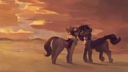Size: 3200x1800 | Tagged: safe, artist:nsilverdraws, oc, oc only, oc:mimicry, bat pony, original species, bat pony oc, beach, branding, collar, dyed mane, dyed tail, female, fluffy, goggles, male, mare, romantic, shiftling, shipping, stallion, sunset, tail