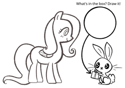 Size: 4092x2893 | Tagged: safe, artist:duckchip, angel bunny, fluttershy, angel, pegasus, pony, rabbit, g4, animal, arrow, birthday, birthday gift, bunny ears, coloring, coloring book, coloring page, folded wings, high res, monochrome, simple background, smiling, solo, standing, text, white background, wings