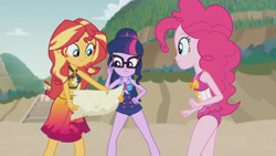 Size: 3410x1920 | Tagged: safe, screencap, pinkie pie, sci-twi, sunset shimmer, twilight sparkle, equestria girls, g4, my little pony equestria girls: better together, x marks the spot, bare shoulders, beach, belly button, best friends, clothes, cutie mark on clothes, female, geode of empathy, geode of sugar bombs, geode of telekinesis, glasses, high res, jewelry, magical geodes, map, necklace, one-piece swimsuit, pinkie pie swimsuit, ponytail, sarong, sci-twi swimsuit, sleeveless, smiling, swimsuit, trio, trio female