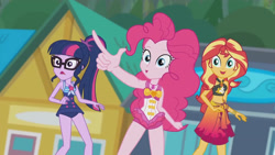 Size: 3410x1920 | Tagged: safe, screencap, pinkie pie, sci-twi, sunset shimmer, twilight sparkle, equestria girls, g4, my little pony equestria girls: better together, x marks the spot, :o, beach, belly button, best friends, clothes, cutie mark, cutie mark on clothes, female, geode of empathy, geode of sugar bombs, geode of telekinesis, glasses, high res, jewelry, look over there, magical geodes, necklace, one-piece swimsuit, open mouth, open smile, pinkie pie swimsuit, pointing, ponytail, sarong, sci-twi swimsuit, sleeveless, smiling, sunset shimmer swimsuit, swimsuit, trio