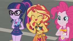 Size: 3410x1920 | Tagged: safe, screencap, pinkie pie, sci-twi, sunset shimmer, twilight sparkle, equestria girls, equestria girls series, g4, x marks the spot, beach, belly button, clothes, cute, cutie mark, cutie mark on clothes, diapinkes, eyes closed, female, geode of empathy, geode of sugar bombs, geode of telekinesis, glasses, hand behind back, high res, jewelry, magical geodes, necklace, one-piece swimsuit, pinkie pie swimsuit, ponytail, sarong, sci-twi swimsuit, shimmerbetes, sleeveless, smiling, swimsuit, twiabetes