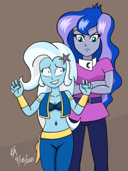 Size: 900x1200 | Tagged: safe, artist:mayorlight, princess luna, trixie, vice principal luna, equestria girls, g4, armlet, arms, art, awkward smile, belly button, belly dancer outfit, belly jewel, bracer, breasts, bust, crossed arms, digital art, duo, duo female, fanart, female, fingers, grin, hand, harem outfit, jewelry, legs, luna is not amused, midriff, nervous, nervous smile, procreate app, shrunken pupils, simple background, smiling, sweat, sweatdrop, this will end in detention, this will end in suspension, unamused
