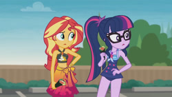 Size: 3410x1920 | Tagged: safe, screencap, sci-twi, sunset shimmer, twilight sparkle, equestria girls, g4, my little pony equestria girls: better together, x marks the spot, beach, belly button, clothes, confused, cutie mark, cutie mark on clothes, female, food, geode of empathy, geode of telekinesis, glasses, hand on hip, high res, jewelry, magical geodes, necklace, one-piece swimsuit, open mouth, ponytail, sarong, sci-twi swimsuit, sleeveless, sushi, swimsuit