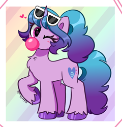 Size: 3847x4012 | Tagged: safe, artist:kittyrosie, izzy moonbow, pony, unicorn, g5, blushing, bubblegum, chest fluff, cute, female, food, gum, heart, izzybetes, looking at you, mare, one eye closed, ponytail, solo, sunglasses, wink