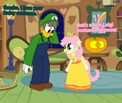 Size: 2607x2203 | Tagged: safe, artist:haileykitty69, fluttershy, human, pegasus, pony, g4, bipedal, cap, clothes, cosplay, costume, crossover, crossover shipping, crown, dress, ear piercing, earring, fluttermour, fluttershy's cottage, gloves, halloween, halloween costume, hat, high res, holiday, jack-o-lantern, jewelry, luigi, luigi's hat, male, nightmare night, nightmare night costume, overalls, piercing, princess costume, princess daisy, pumpkin, regalia, seymour skinner, shipping, super mario bros., the simpsons, yellow dress