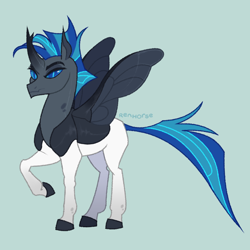 Size: 2000x2000 | Tagged: safe, artist:renhorse, oc, oc only, oc:alate, changepony, hybrid, pony, blue background, high res, interspecies offspring, male, offspring, parent:queen chrysalis, parent:shining armor, parents:shining chrysalis, simple background, solo