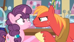 Size: 1252x716 | Tagged: safe, screencap, big macintosh, sugar belle, earth pony, pony, unicorn, g4, the break up breakdown, duo, female, frown, looking at each other, male, mare, pointing, stallion, sugarcube corner