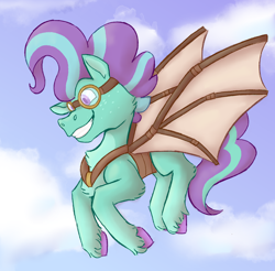 Size: 1840x1813 | Tagged: safe, artist:apatheticxaddict, idw, wind sock, earth pony, pony, g4, spoiler:comic, spoiler:comic81, artificial wings, augmented, chest fluff, colored hooves, colored pupils, flying, glider, goggles, male, mechanical wing, solo, stallion, unshorn fetlocks