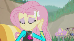 Size: 3410x1920 | Tagged: safe, screencap, fluttershy, aww... baby turtles, equestria girls, equestria girls series, g4, beach, clothes, eyes closed, female, geode of fauna, hairpin, high res, jewelry, magical geodes, necklace, solo, swimsuit, wetsuit