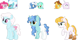 Size: 3923x2020 | Tagged: safe, artist:littlejurnalina, braeburn, fleetfoot, fleur-de-lis, lyra heartstrings, pinkie pie, pokey pierce, oc, earth pony, pegasus, pony, unicorn, g4, boots, female, high res, magical lesbian spawn, mare, offspring, parent:braeburn, parent:fleetfoot, parent:fleur-de-lis, parent:lyra heartstrings, parent:pinkie pie, parent:pokey pierce, shoes, simple background, transparent background