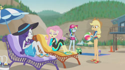 Size: 3410x1920 | Tagged: safe, screencap, applejack, fluttershy, rainbow dash, rarity, tank, tortoise, aww... baby turtles, equestria girls, g4, my little pony equestria girls: better together, applejack's beach shorts swimsuit, applejack's hat, beach, beach ball, beach chair, belly button, cap, chair, clothes, cowboy hat, eyes closed, female, fluttershy's wetsuit, geode of fauna, geode of shielding, geode of super speed, geode of super strength, hat, high res, magical geodes, male, midriff, open mouth, rarity's blue sarong, rarity's purple bikini, sandals, sarong, sun hat, swimsuit, wetsuit