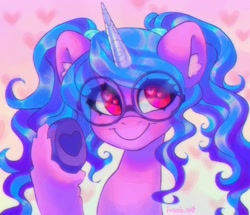 Size: 2048x1762 | Tagged: safe, artist:p0nyplanet, izzy moonbow, pony, unicorn, g5, abstract background, alternate hairstyle, c:, colored pupils, cute, ear fluff, female, glasses, heart, heart eyes, hoof heart, izzybetes, looking at you, mare, pigtails, smiling, solo, twintails, underhoof, unshorn fetlocks, upside-down hoof heart, wingding eyes