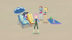 Size: 3410x1920 | Tagged: safe, screencap, applejack, fluttershy, rainbow dash, rarity, tank, tortoise, aww... baby turtles, equestria girls, g4, my little pony equestria girls: better together, applejack's beach shorts swimsuit, applejack's hat, beach, beach ball, beach chair, belly button, cap, chair, clothes, cowboy hat, eyes closed, female, fluttershy's wetsuit, geode of fauna, geode of shielding, geode of super speed, geode of super strength, hat, high res, magical geodes, male, midriff, open mouth, rarity's blue sarong, rarity's purple bikini, sandals, swimsuit, wetsuit