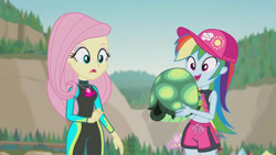 Size: 3410x1920 | Tagged: safe, screencap, fluttershy, rainbow dash, tank, tortoise, aww... baby turtles, equestria girls, equestria girls series, g4, belly button, clothes, female, fluttershy's wetsuit, geode of fauna, geode of super speed, high res, jewelry, magical geodes, male, necklace, open mouth, rainbow dash's beach shorts swimsuit, sleeveless, swimsuit, wetsuit