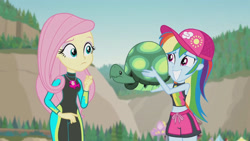 Size: 3410x1920 | Tagged: safe, screencap, fluttershy, rainbow dash, tank, tortoise, aww... baby turtles, equestria girls, g4, my little pony equestria girls: better together, belly button, clothes, female, fluttershy's wetsuit, geode of fauna, grin, high res, jewelry, magical geodes, male, necklace, rainbow dash's beach shorts swimsuit, sleeveless, smiling, swimsuit, wetsuit