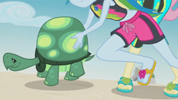 Size: 3410x1920 | Tagged: safe, screencap, fluttershy, rainbow dash, tank, tortoise, aww... baby turtles, equestria girls, equestria girls series, g4, beach, belly button, clothes, cute, dashabetes, female, geode of super speed, high res, jewelry, magical geodes, male, necklace, sandals, shyabetes, sleeveless, smiling, swimsuit, tankabetes