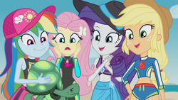 Size: 3410x1920 | Tagged: safe, screencap, applejack, fluttershy, rainbow dash, rarity, tank, tortoise, aww... baby turtles, equestria girls, g4, my little pony equestria girls: better together, applejack's hat, beach, belly button, cap, clothes, cowboy hat, female, fluttershy's wetsuit, geode of fauna, geode of shielding, geode of super speed, geode of super strength, hairpin, hat, high res, magical geodes, male, open mouth, open smile, rarity's purple bikini, sarong, sleeveless, smiling, sun hat, swimsuit, wavy mouth, wetsuit