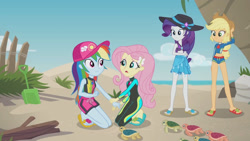 Size: 3410x1920 | Tagged: safe, screencap, applejack, fluttershy, rainbow dash, rarity, aww... baby turtles, equestria girls, equestria girls series, g4, applejack's hat, beach, belly button, clothes, cowboy hat, feet, female, flip-flops, fluttershy's wetsuit, geode of fauna, geode of shielding, geode of super speed, geode of super strength, hairpin, hat, heel pop, high res, magical geodes, open mouth, rainbow dash's beach shorts swimsuit, rarity's blue sarong, rarity's purple bikini, sandals, sea turtle, sleeveless, swimsuit, wetsuit