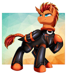 Size: 2470x2662 | Tagged: safe, artist:pridark, oc, oc only, oc:fireheart(fire), bat pony, hybrid, pegabat, pegasus, pony, bound wings, clothes, collar ring, commission, determined, fireheart76's latex suit design, high res, latex, latex suit, male, pegasus oc, prisoners of the moon, raised leg, solo, suit, tail, tail wrap, wings