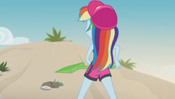 Size: 3410x1920 | Tagged: safe, screencap, rainbow dash, aww... baby turtles, equestria girls, g4, my little pony equestria girls: better together, beach, cap, clothes, female, hat, high res, sleeveless, solo, swimsuit