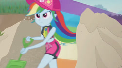 Size: 3410x1920 | Tagged: safe, screencap, rainbow dash, aww... baby turtles, equestria girls, g4, my little pony equestria girls: better together, beach, cap, clothes, female, geode of super speed, hat, high res, jewelry, magical geodes, necklace, rainbow trail, sleeveless, smiling, solo, swimsuit