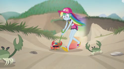 Size: 3410x1920 | Tagged: safe, screencap, rainbow dash, crab, aww... baby turtles, equestria girls, g4, my little pony equestria girls: better together, beach, cap, clothes, female, geode of super speed, hat, high res, jewelry, magical geodes, necklace, rainbow trail, running, sandals, sleeveless, smiling, solo, swimsuit