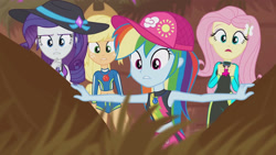 Size: 3410x1920 | Tagged: safe, screencap, applejack, fluttershy, rainbow dash, rarity, aww... baby turtles, equestria girls, equestria girls series, g4, applejack's hat, beach, belly button, cap, clothes, cowboy hat, female, fluttershy's wetsuit, geode of fauna, geode of shielding, geode of super speed, geode of super strength, hairpin, hat, high res, jewelry, magical geodes, necklace, open mouth, rarity's purple bikini, sleeveless, swimsuit, wetsuit