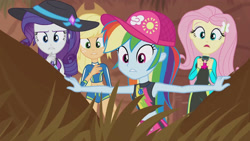 Size: 3410x1920 | Tagged: safe, screencap, applejack, fluttershy, rainbow dash, rarity, aww... baby turtles, equestria girls, equestria girls series, g4, applejack's hat, beach, belly button, cap, clothes, cowboy hat, female, fluttershy's wetsuit, geode of fauna, geode of shielding, geode of super speed, hairpin, hat, high res, jewelry, magical geodes, necklace, open mouth, rarity's purple bikini, sleeveless, swimsuit, wetsuit
