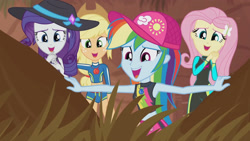 Size: 3410x1920 | Tagged: safe, screencap, applejack, fluttershy, rainbow dash, rarity, aww... baby turtles, equestria girls, g4, my little pony equestria girls: better together, applejack's hat, awww, beach, belly button, cap, clothes, cowboy hat, female, fluttershy's wetsuit, geode of fauna, geode of shielding, geode of super speed, geode of super strength, hairpin, hat, high res, jewelry, magical geodes, necklace, open mouth, open smile, rarity's purple bikini, sleeveless, smiling, sports bra, swimsuit, wetsuit