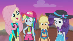 Size: 3410x1920 | Tagged: safe, screencap, applejack, fluttershy, rainbow dash, rarity, aww... baby turtles, equestria girls, g4, my little pony equestria girls: better together, applejack's hat, beach, belly button, cap, clothes, cowboy hat, female, fluttershy's wetsuit, geode of shielding, geode of super speed, geode of super strength, hat, high res, jewelry, magical geodes, necklace, open mouth, rarity's blue sarong, rarity's purple bikini, sarong, sleeveless, smiling, sun hat, swimsuit, wetsuit