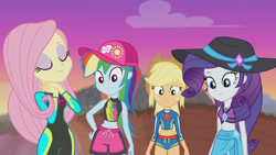 Size: 3410x1920 | Tagged: safe, screencap, applejack, fluttershy, rainbow dash, rarity, aww... baby turtles, equestria girls, g4, my little pony equestria girls: better together, applejack's beach shorts swimsuit, applejack's hat, beach, belly button, cap, clothes, cowboy hat, eyes closed, female, fluttershy's wetsuit, geode of shielding, geode of super speed, geode of super strength, hat, high res, jewelry, magical geodes, necklace, rarity's blue sarong, rarity's purple bikini, sarong, sleeveless, smiling, sun hat, swimsuit, wetsuit