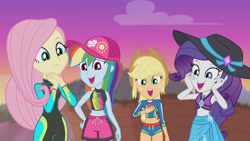 Size: 3410x1920 | Tagged: safe, screencap, applejack, fluttershy, rainbow dash, rarity, aww... baby turtles, equestria girls, equestria girls series, g4, applejack's beach shorts swimsuit, applejack's hat, beach, belly button, cap, clothes, cowboy hat, female, fluttershy's wetsuit, geode of fauna, geode of shielding, geode of super speed, geode of super strength, hat, high res, jewelry, magical geodes, necklace, open mouth, rarity's blue sarong, rarity's purple bikini, sarong, sleeveless, smiling, sun hat, swimsuit, wetsuit