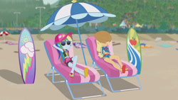 Size: 3410x1920 | Tagged: safe, screencap, applejack, rainbow dash, equestria girls, equestria girls series, g4, lost and found, applejack's beach shorts swimsuit, applejack's hat, beach, beach chair, belly button, cap, chair, clothes, cowboy hat, eyes closed, female, geode of super speed, geode of super strength, hat, high res, jewelry, magical geodes, necklace, relaxing, sandals, sleeveless, smiling, sunglasses, surfboard, swimsuit