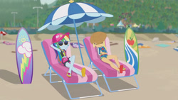 Size: 3410x1920 | Tagged: safe, screencap, applejack, rainbow dash, equestria girls, g4, lost and found, my little pony equestria girls: better together, applejack's hat, beach, beach chair, belly button, cap, chair, clothes, cowboy hat, eyes closed, female, geode of super speed, geode of super strength, hat, high res, jewelry, magical geodes, necklace, relaxing, sandals, sleeveless, smiling, sunglasses, surfboard, swimsuit