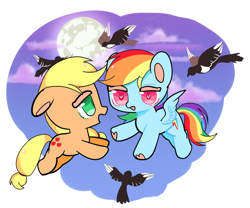 Size: 650x542 | Tagged: dead source, safe, artist:白羽夜咕咕叽, applejack, rainbow dash, bird, earth pony, pegasus, pony, g4, cloud, eyebrows, female, floating, heart, hoof heart, lesbian, missing freckles, moon, night, ship:appledash, shipping, sparkles, underhoof