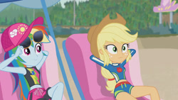 Size: 3410x1920 | Tagged: safe, screencap, applejack, rainbow dash, equestria girls, equestria girls series, g4, lost and found, applejack's hat, beach chair, belly button, cap, chair, clothes, cowboy hat, female, geode of super speed, geode of super strength, hat, high res, jewelry, magical geodes, midriff, necklace, sleeveless, sunglasses, swimsuit