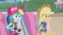Size: 3410x1920 | Tagged: safe, screencap, applejack, rainbow dash, equestria girls, equestria girls series, g4, lost and found, applejack's hat, beach chair, belly button, cap, chair, clothes, cowboy hat, female, geode of super speed, geode of super strength, hat, high res, jewelry, magical geodes, midriff, necklace, open mouth, sleeveless, sunglasses, swimsuit
