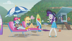 Size: 3410x1920 | Tagged: safe, screencap, applejack, rainbow dash, rarity, equestria girls, equestria girls series, g4, lost and found, applejack's hat, beach, beach chair, cap, chair, clothes, cowboy hat, female, geode of super speed, geode of super strength, hat, high res, jewelry, magical geodes, necklace, open mouth, rarity being rarity, sandals, sarong, sleeveless, sun hat, surfboard, swimsuit